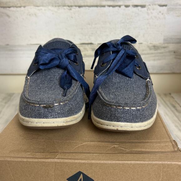 Sperry womens 7.5 Koifish sparkle canvas boat shoe loafer ribbon lace up leahter - Picture 2 of 7